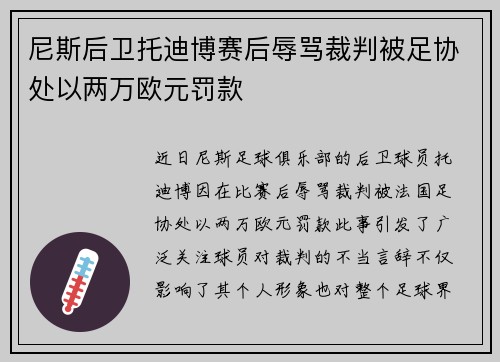 尼斯后卫托迪博赛后辱骂裁判被足协处以两万欧元罚款